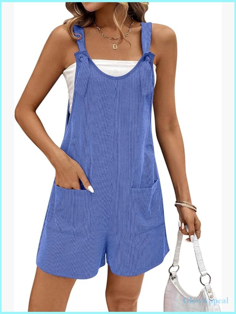 Ribbed Knit Jumpsuit Romper Shortalls Sleeveless Scoop Neck Side Pockets Summer
